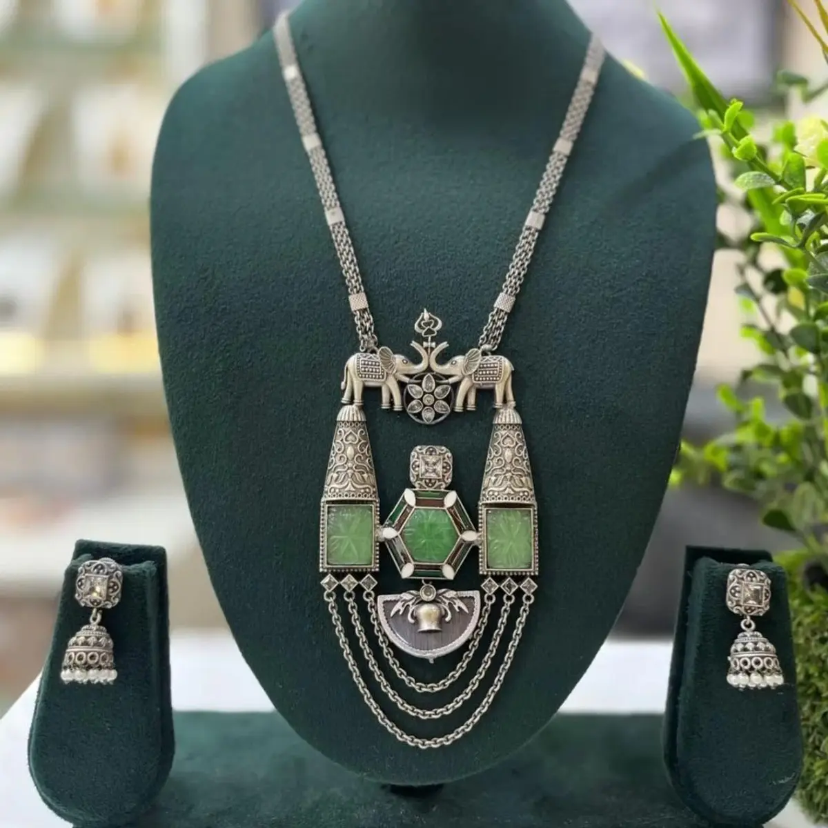 Brass Base Silver Necklace with Earrings