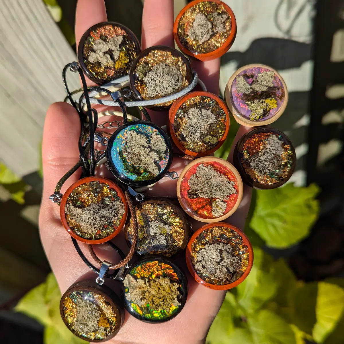 Lichen Wooden Resin Pendant Necklace with Foil