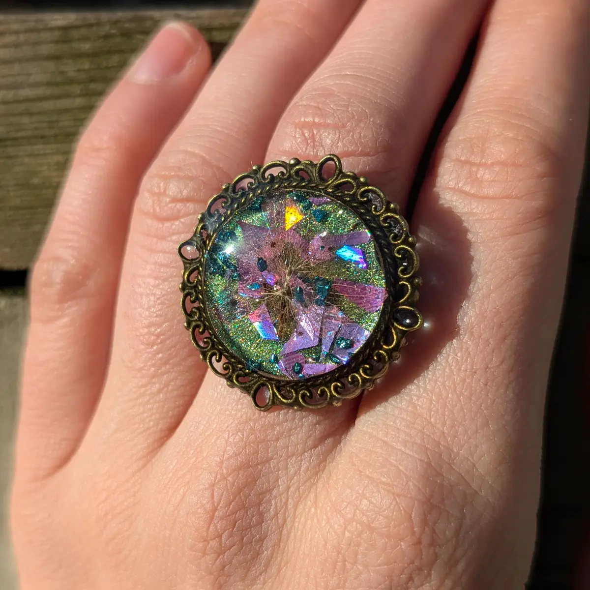 The Spark Resin Ring - Purple Green - Adjustable 