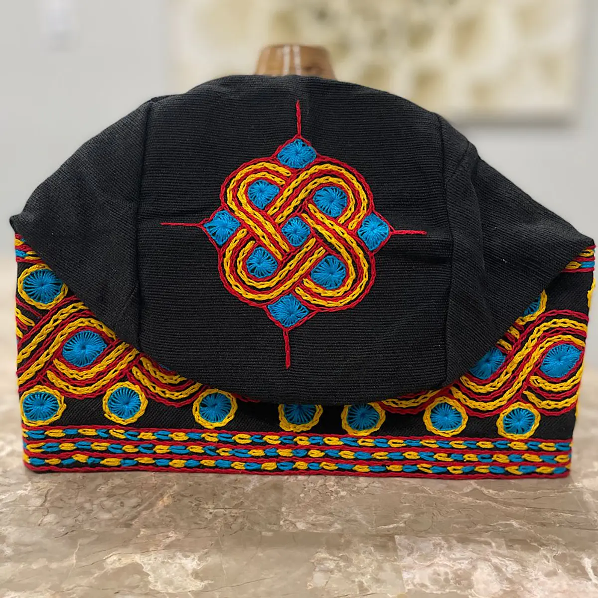 Black multi-coloured Aso Oke embroided cap