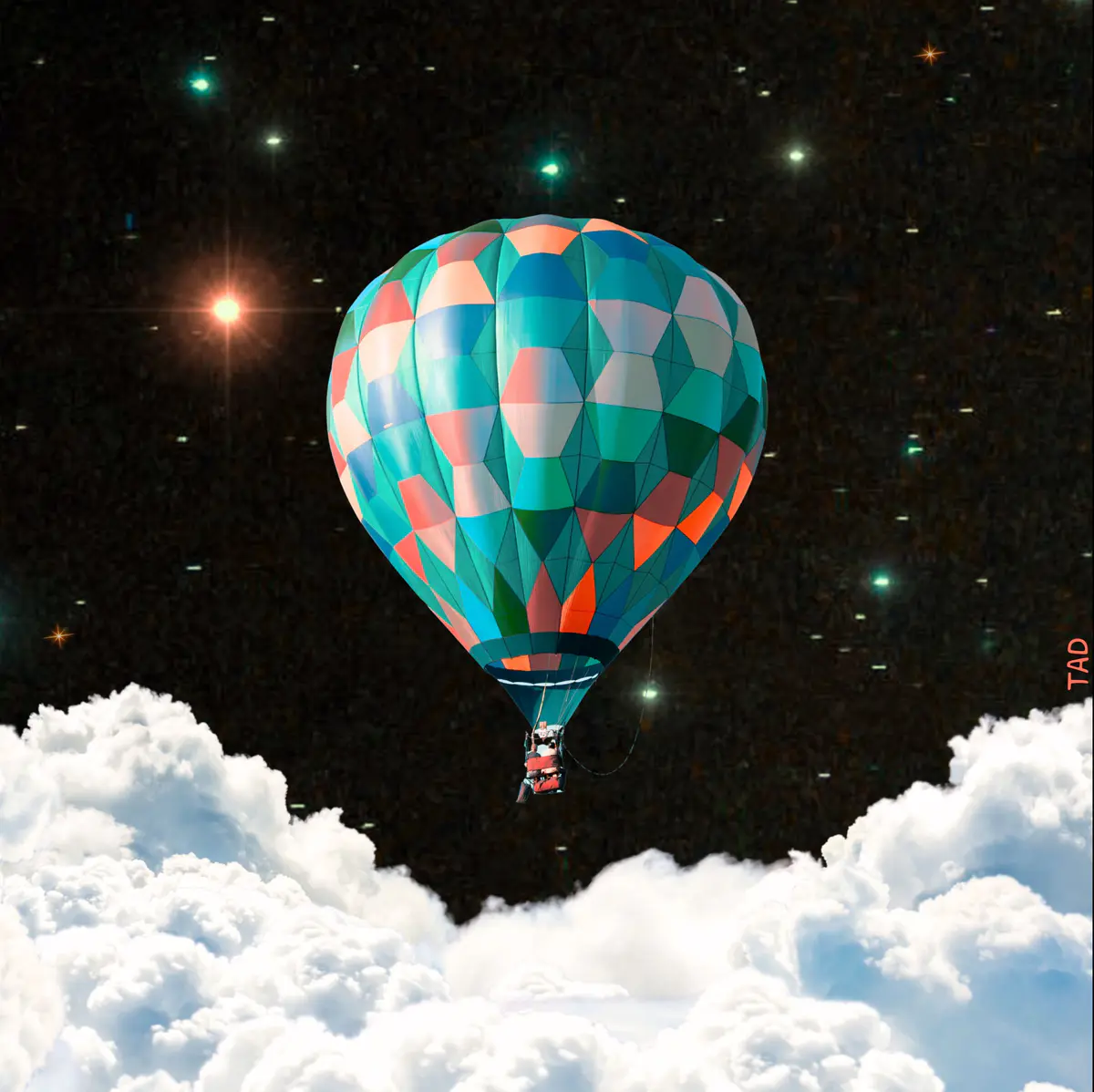 Floating air balloon in space digital collage 