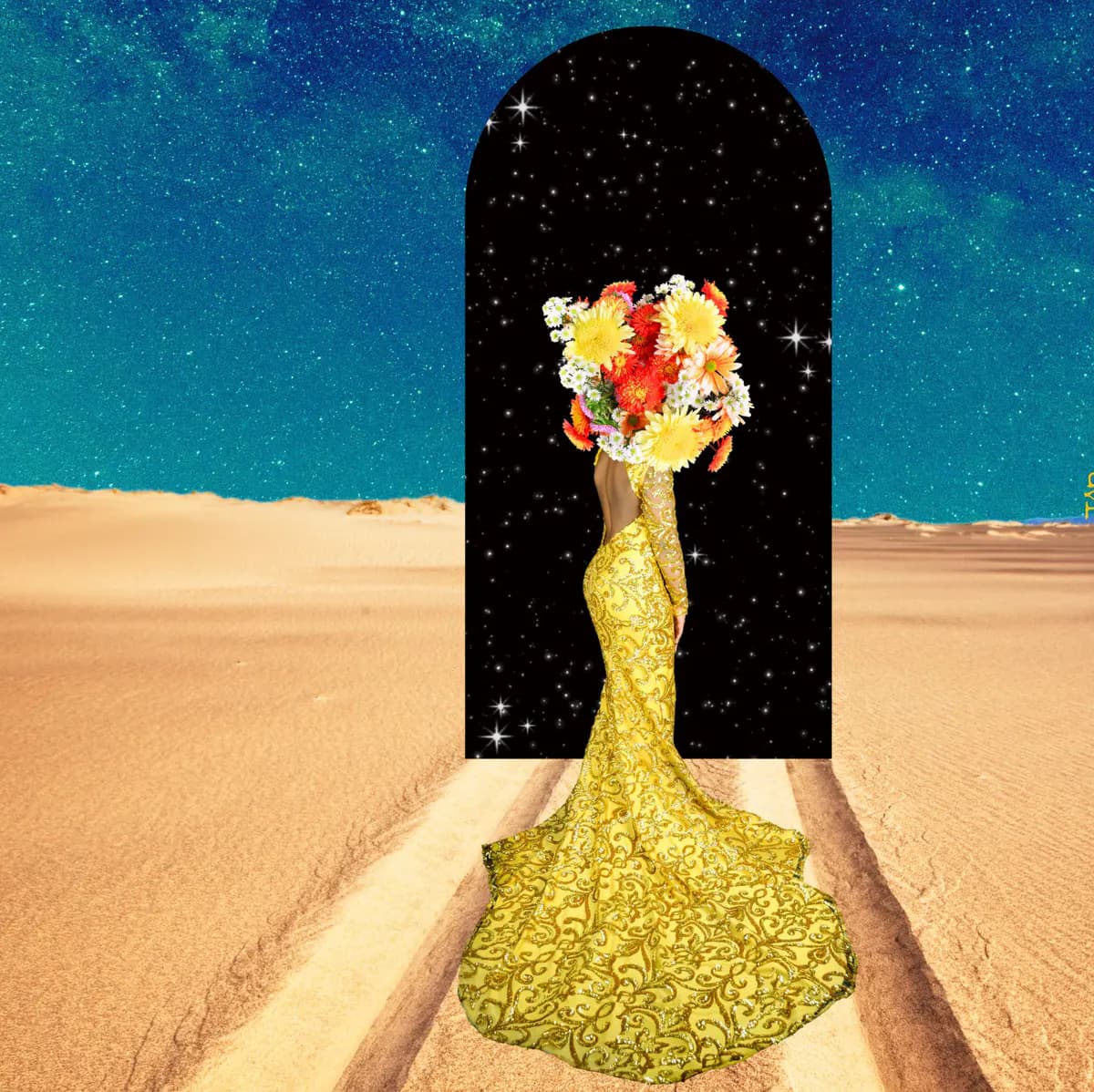 Surreal woman in gold digital art collage 