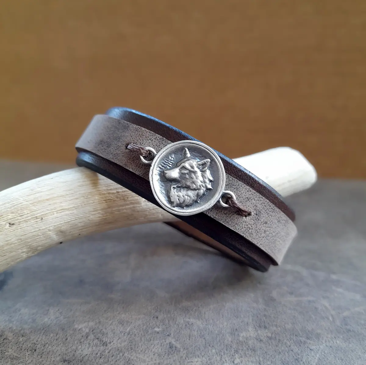 Handmade Leather Bracelet with Sterling Silver Wolf Pendant - Men's Jewelry, Spirit Animal Gift