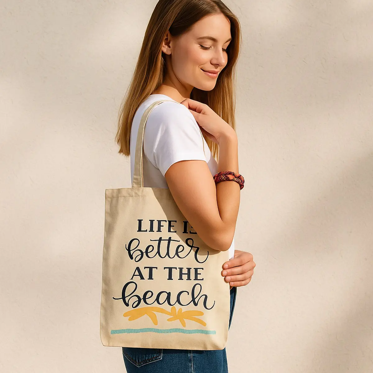 Showcasing someone wearing the tote bag