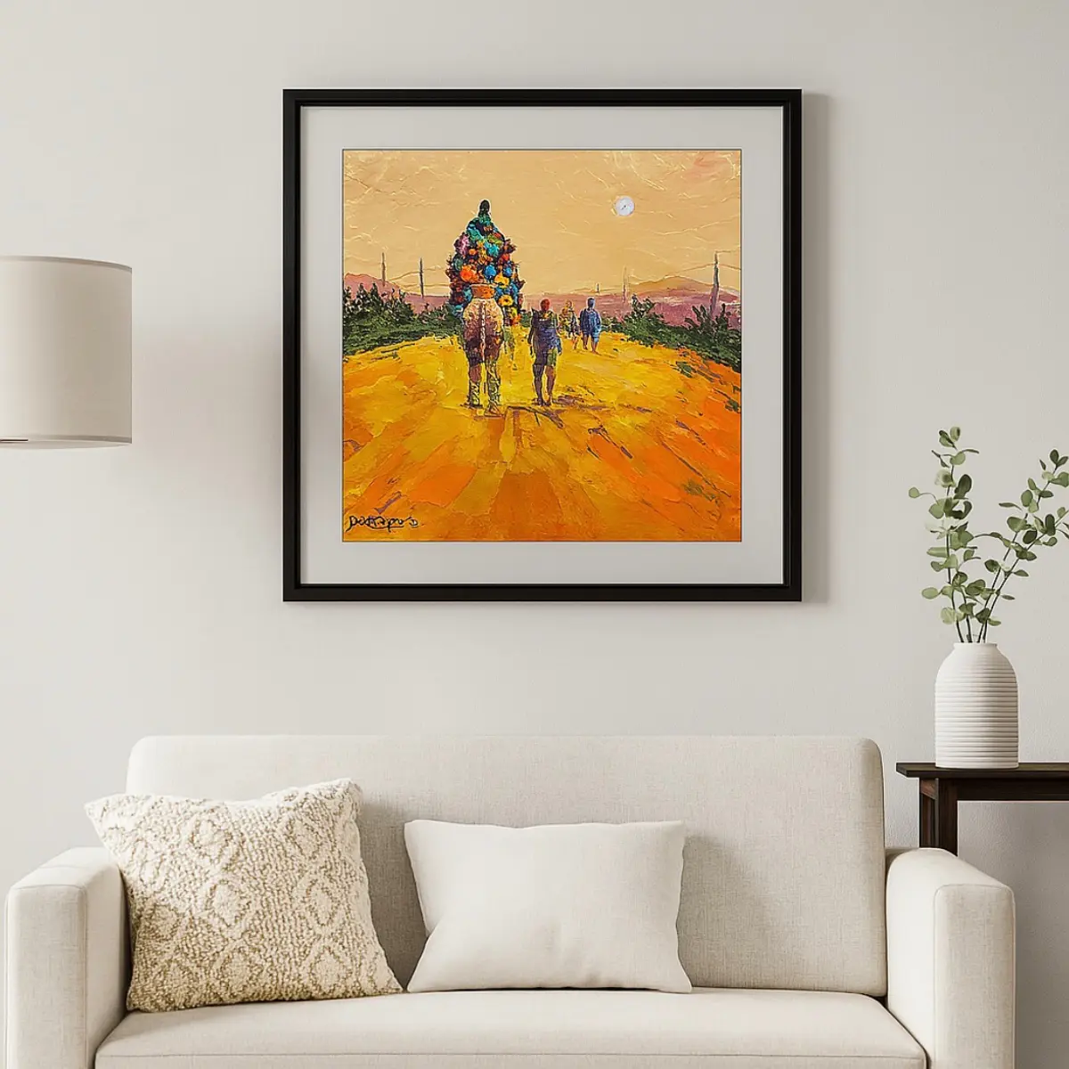 Framed acrylic painting of a Journey at dusk