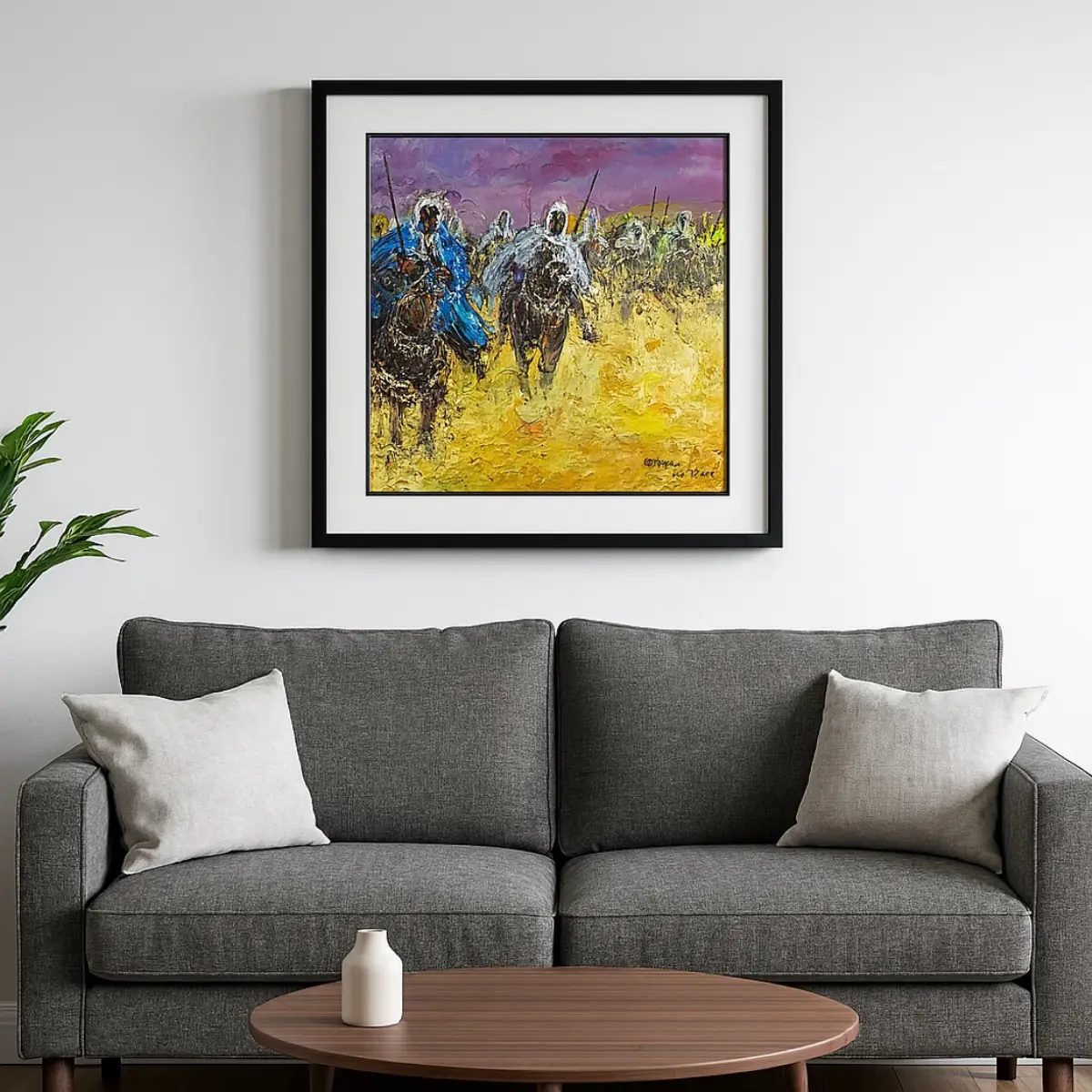 Showcasing a framed acrylic painting on canvas 