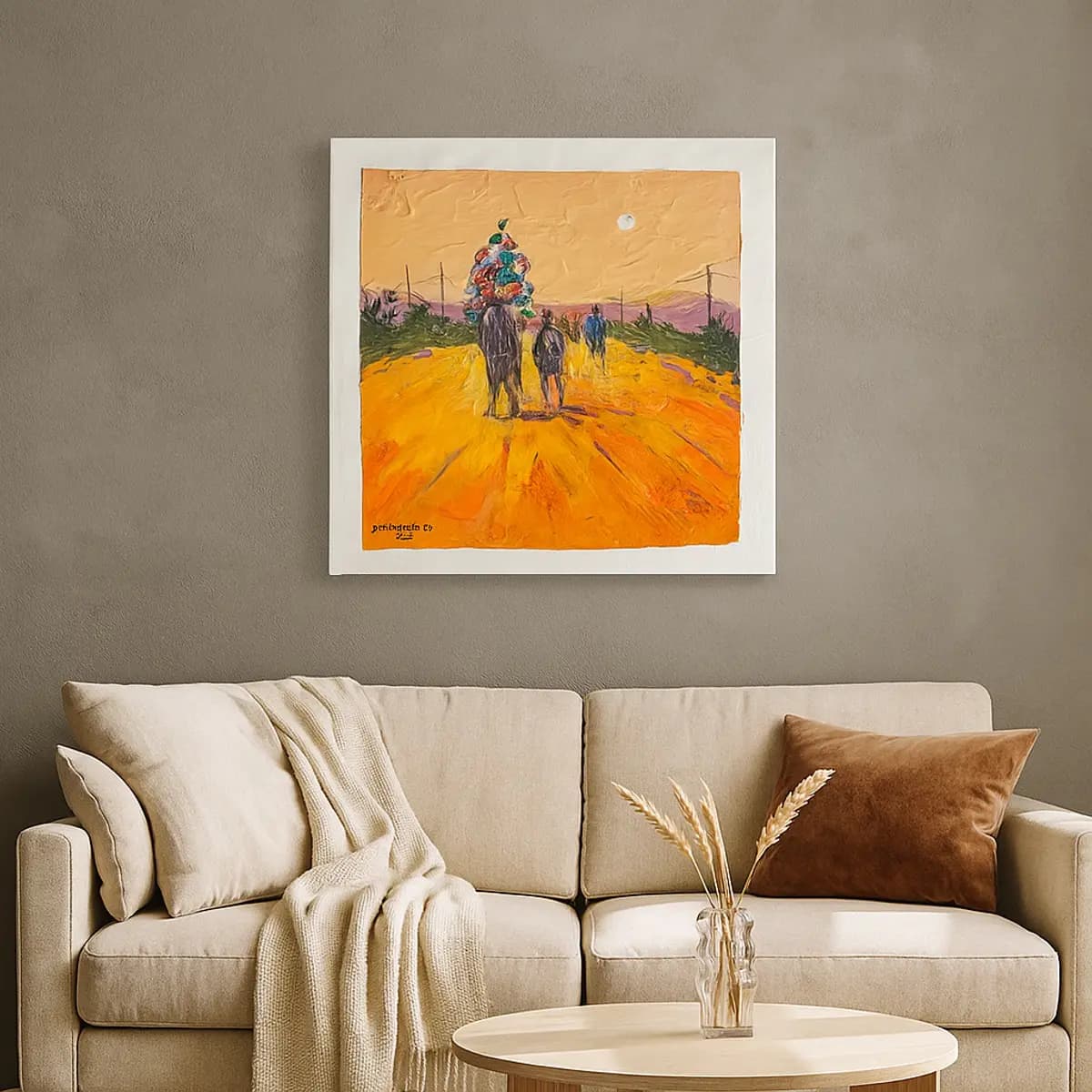 Showcasing an acrylic painting in livingroom