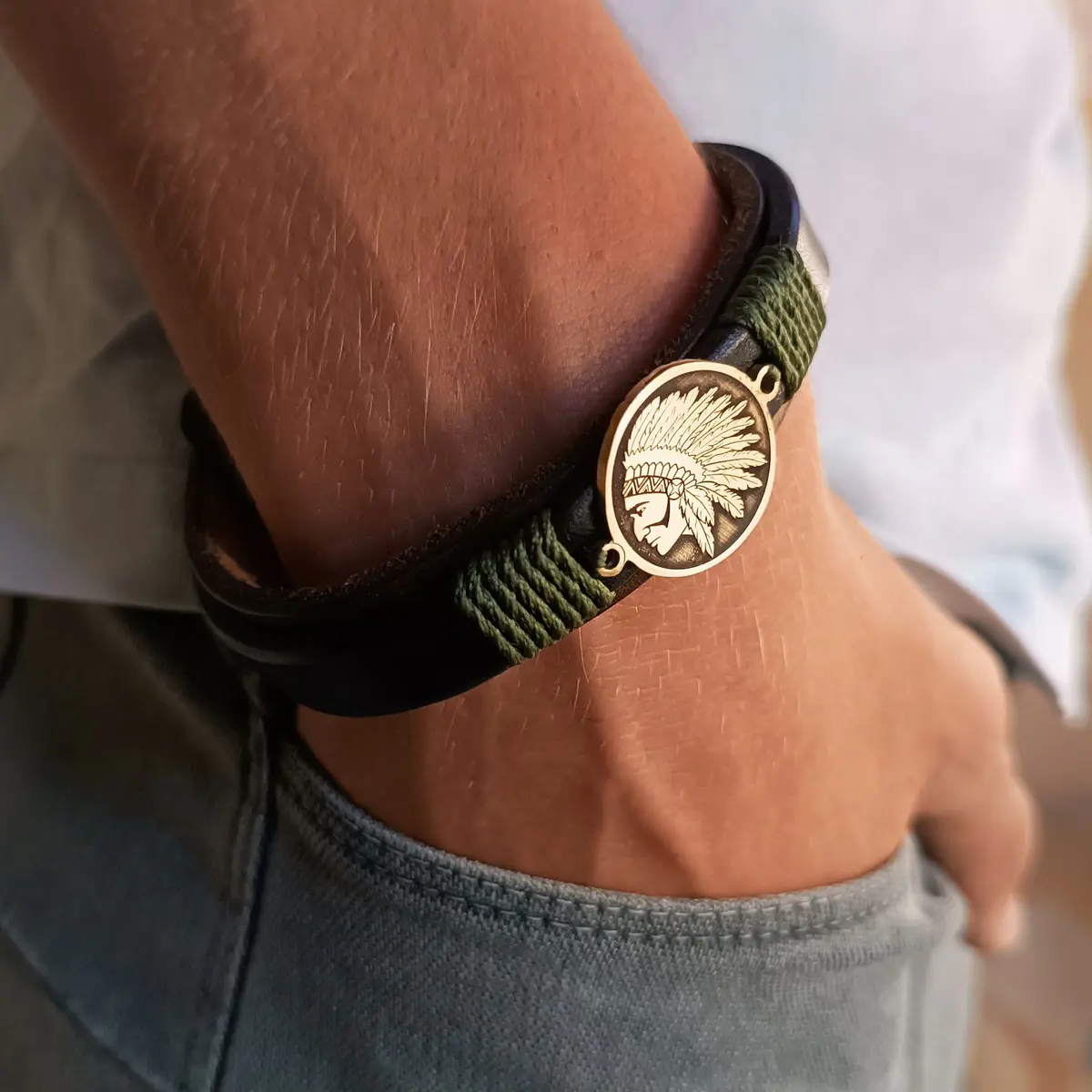 Indian Chief Leather Bracelet, Men's Western Rustic Jewelry