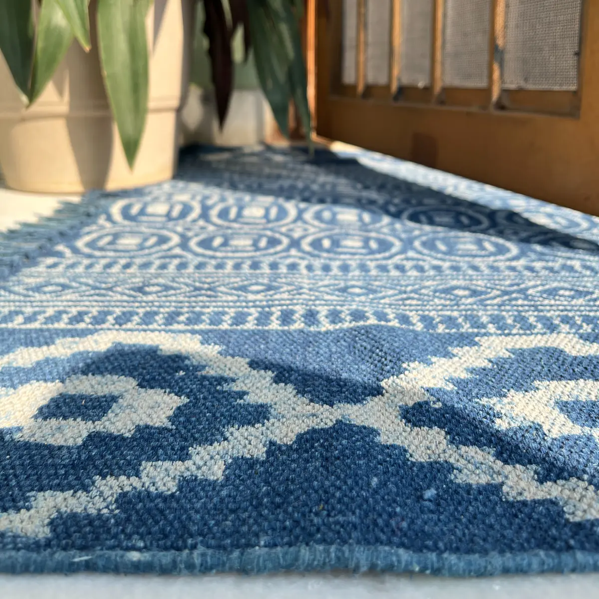 Handmade Indian Boho Rug with Geometric Pattern – Artisan Woven Decorative Floor Rug