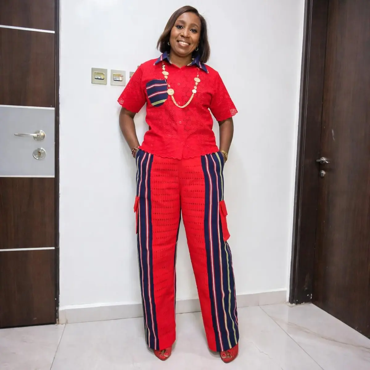 Handmade Aso Oke African Two-Piece Outfit with Lace Top