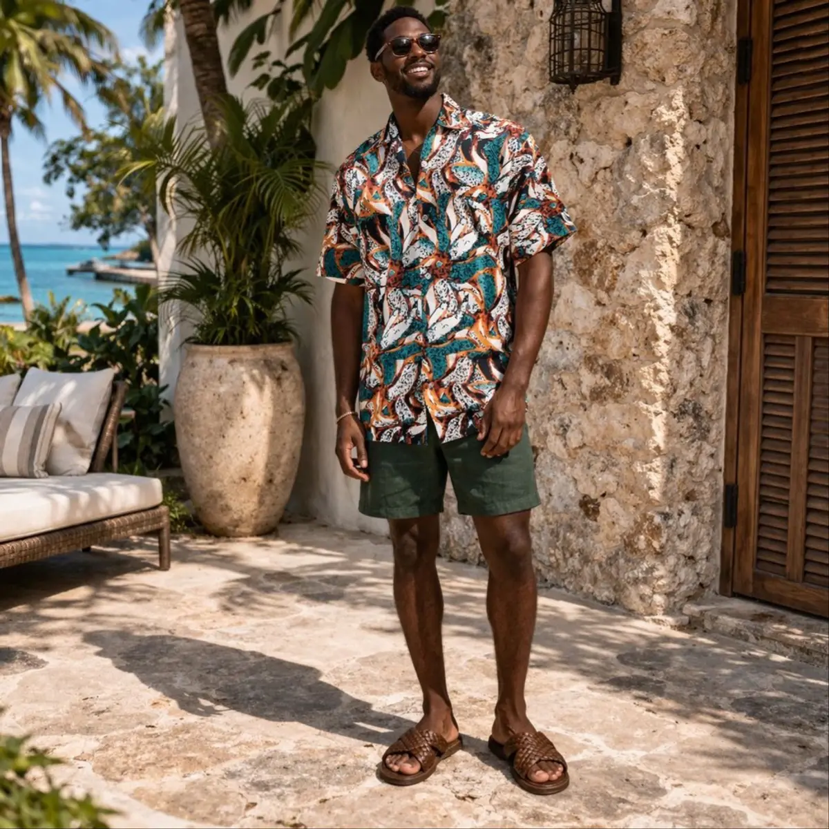 African Artisan Short-Sleeve Camp Shirt | Handcrafted Tropical Print Men's Button-Up