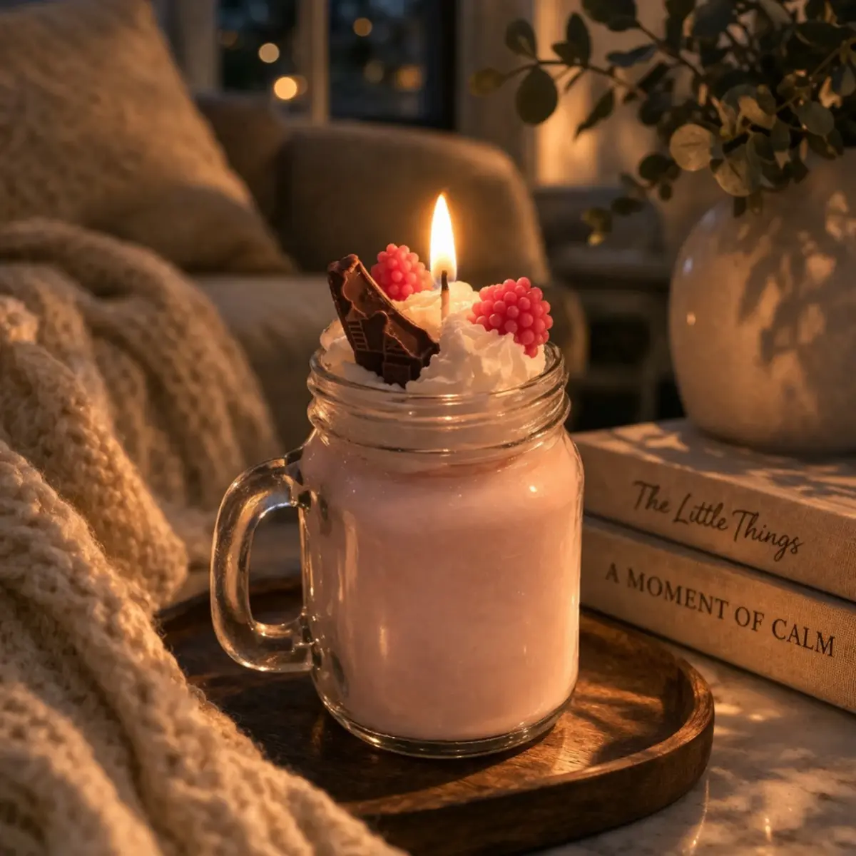 A handcrafted Raspberry Milkshake Candle poured into a clear glass mason jar mug, glowing warmly with a lit wick. The artisan wax candle features a realistic dessert-inspired topping of whipped cream wax, pink raspberry embeds, and a chocolate wafer accent, all carefully hand-sculpted for a whimsical, food-art finish. Styled on a wooden tray beside cosy knit fabric and stacked books, evoking a hygge-inspired home ambiance. Color: Blush Pink, White, Red, Brown
