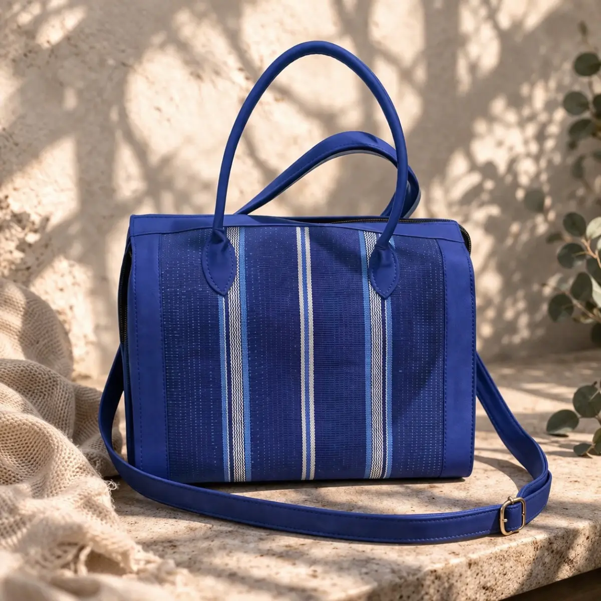 A structured handmade tote bag crafted from rich royal blue Aso Oke woven fabric, featuring vertical stripe patterns in sky blue and white that showcase traditional West African textile craftsmanship. The bag is finished with smooth blue faux leather handles, an adjustable crossbody strap with a gold-tone buckle, and a top zip closure, blending artisan heritage with everyday functionality. Photographed on a stone surface in warm natural light, this elegant handwoven handbag is ideal for work and daily use. Color: Royal Blue, Sky Blue, White