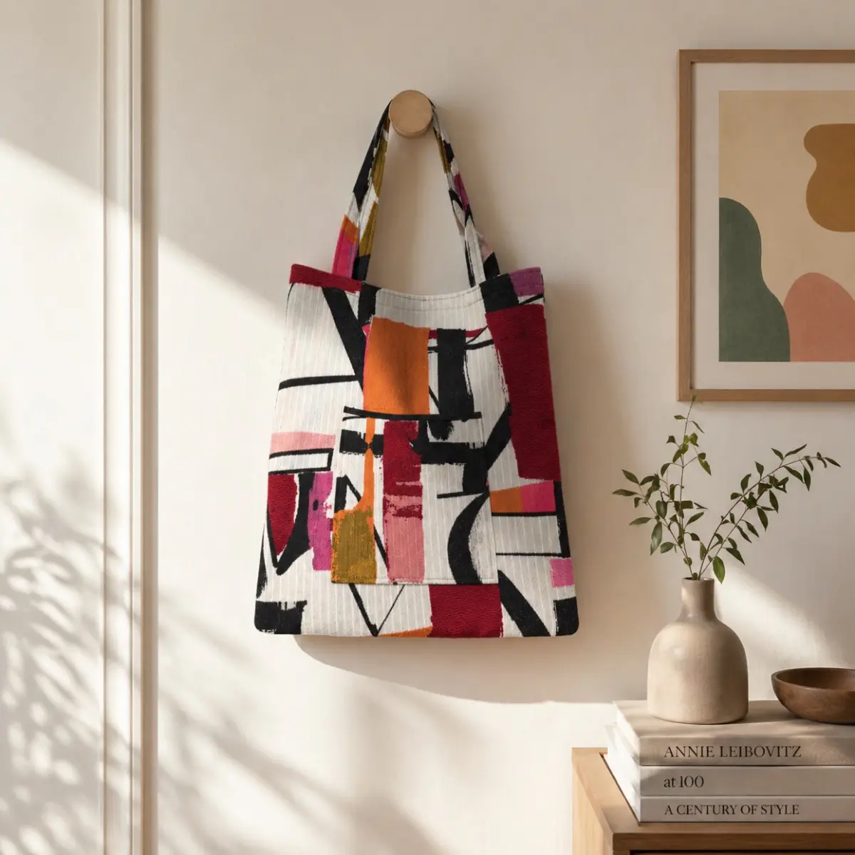 A vibrant handmade tote bag featuring a bold abstract brushstroke print in red, orange, pink, mustard, and black on a white woven fabric background, hung on a wooden wall hook. The structured silhouette and matching printed straps reflect careful artisan craftsmanship, with a textured fabric surface that adds a tactile, handcrafted quality. Styled in a warm, minimal interior alongside books and a ceramic vase, this expressive tote makes a striking everyday accessory. Color: Red, Orange, Pink, Mustard, Black, White