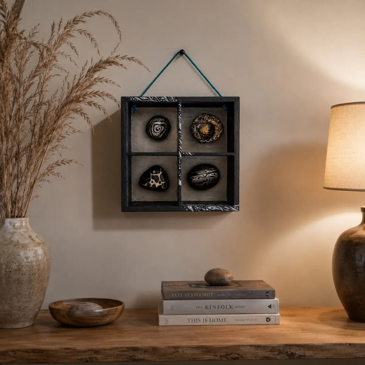 A handcrafted shadow box wall art piece featuring four compartments, each displaying a uniquely painted stone or shell with intricate hand-painted patterns including spirals, cracked textures, and flowing wave designs. The black wooden frame is adorned with a delicate black-and-white illustrated border and hung with a teal cord, showcasing artisan attention to detail. Styled in a warm, earthy interior setting alongside dried pampas grass and stacked books, this nature-inspired piece exemplifies handmade craftsmanship. Color: Black, Gray, Teal, Gold
