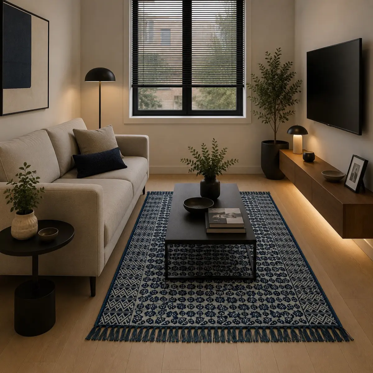 A handwoven Indian cotton area rug with a bold navy blue and cream geometric and floral medallion pattern, finished with hand-knotted fringe tassels along the edges, styled in a contemporary living room setting. The intricate repeating motifs and border detailing showcase traditional artisan craftsmanship, reflecting the time-honored weaving techniques of skilled Indian makers. The rug anchors the space with a boho-luxe aesthetic, pairing beautifully with warm wood tones and neutral furnishings. Color: Navy Blue, Cream