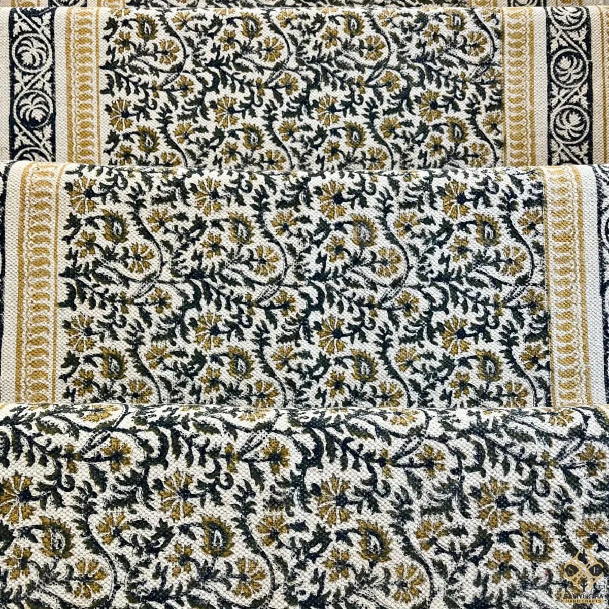 Black and Yellow Boho Cotton Area Rug, Hand Block Printed Geometric & Floral Indian Dhurrie, Soft Washable Flat Weave Carpet for Living Room & Bedroom, Dining Room, Entryway