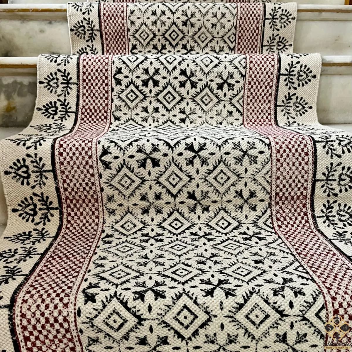 Black and Yellow Boho Cotton Area Rug, Hand Block Printed Floral Indian Dhurrie, Soft Washable Flat Weave Carpet for Living Room & Bedroom, Stairs, Hallway, Entryway, Indoor