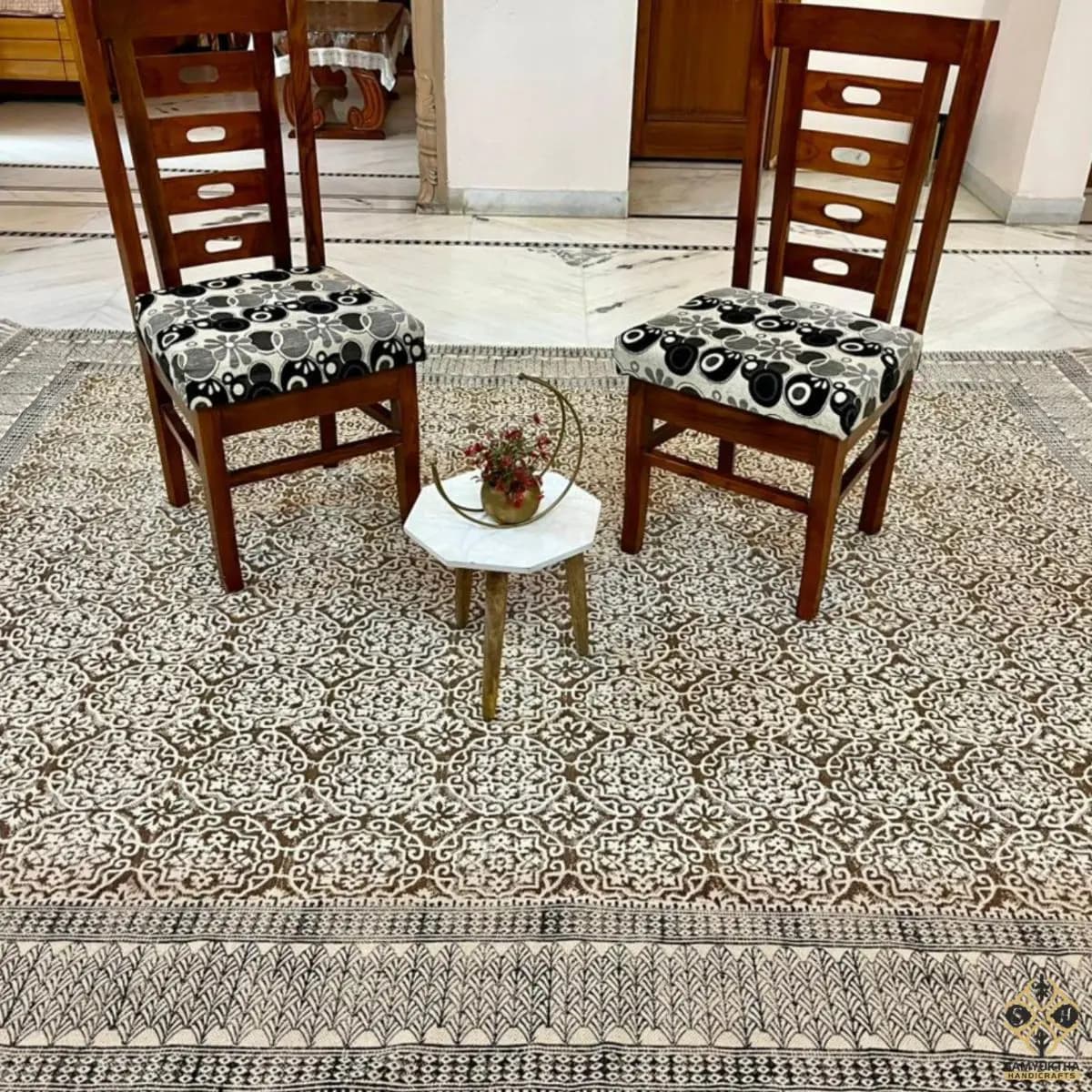 SAMYUKTHA HANDICRAFTS Boho Cotton Area Rug-Hand Block Printed Geometric & Floral Indian Dhurrie, Soft Washable Flat Weave Carpet for Dining Room, Indoor, Living Room, Bedroom