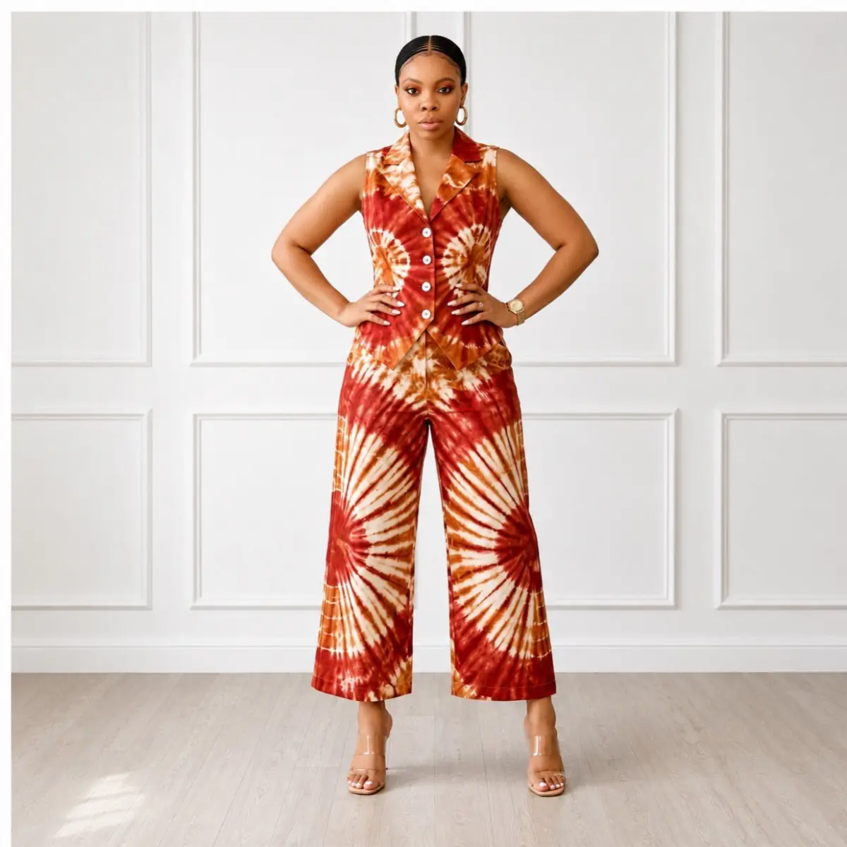 A model stands confidently wearing a handcrafted Adire tie-dye co-ord set featuring a sleeveless blazer vest with notched lapels and pearl-style buttons, paired with wide-leg cropped trousers. The matching two-piece set showcases bold artisan-dyed swirl and sunburst patterns achieved through traditional Nigerian Adire resist-dyeing techniques. The fluid fabric drapes elegantly, highlighting the skilled handmade craftsmanship and vibrant earthy tones throughout. Color: Rust Red, Burnt Orange, Cream