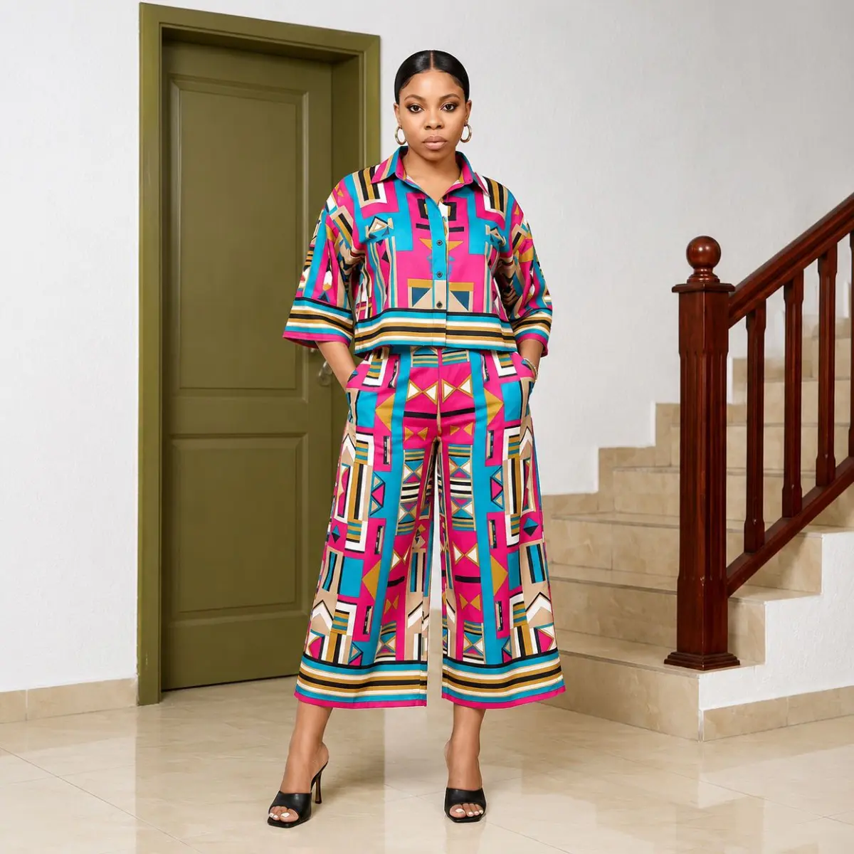 Geometric African print co-ord set, shirt Color: Pink, Blue, Multicolor