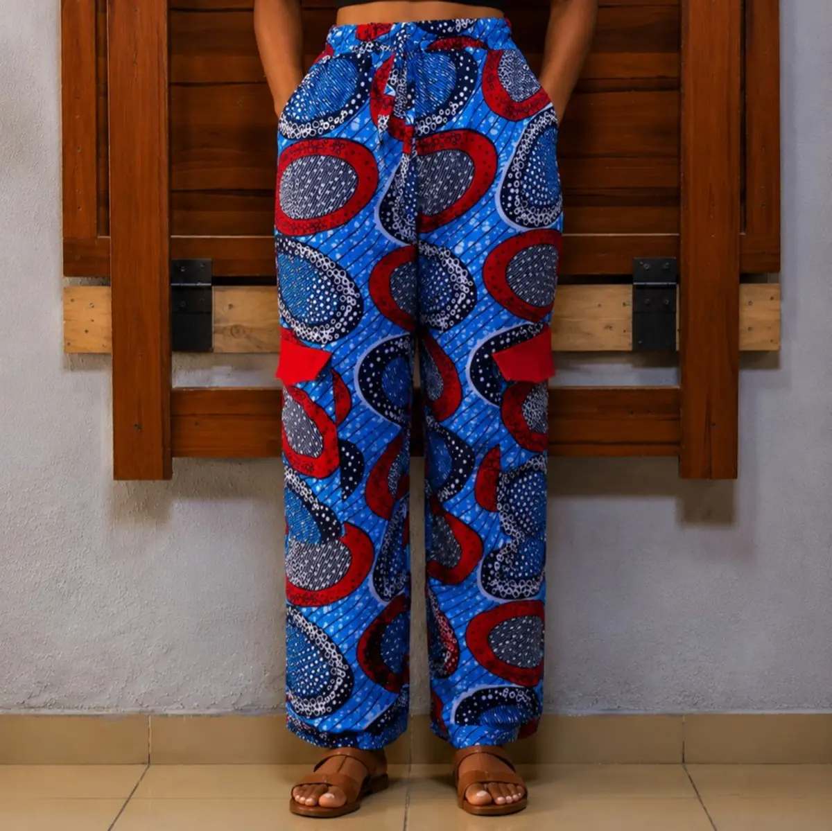 Handmade Ankara wide-leg cargo pants front Color: Blue, Red, Navy