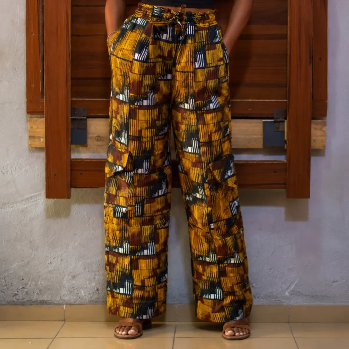 Front view artisan-made Kente-print Color: Golden Amber, Black, Brown, White
