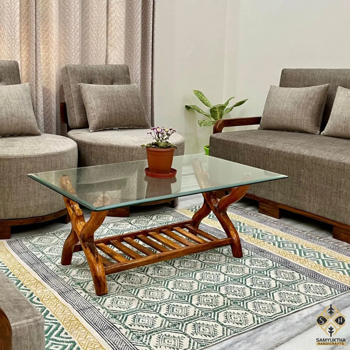 Green, Black and Yellow Boho Cotton Area Rug – Hand Block Printed Geometric Indian Dhurrie, Soft Washable Flat Weave Carpet for Living Room & Bedroom, Dining Room, Entryway