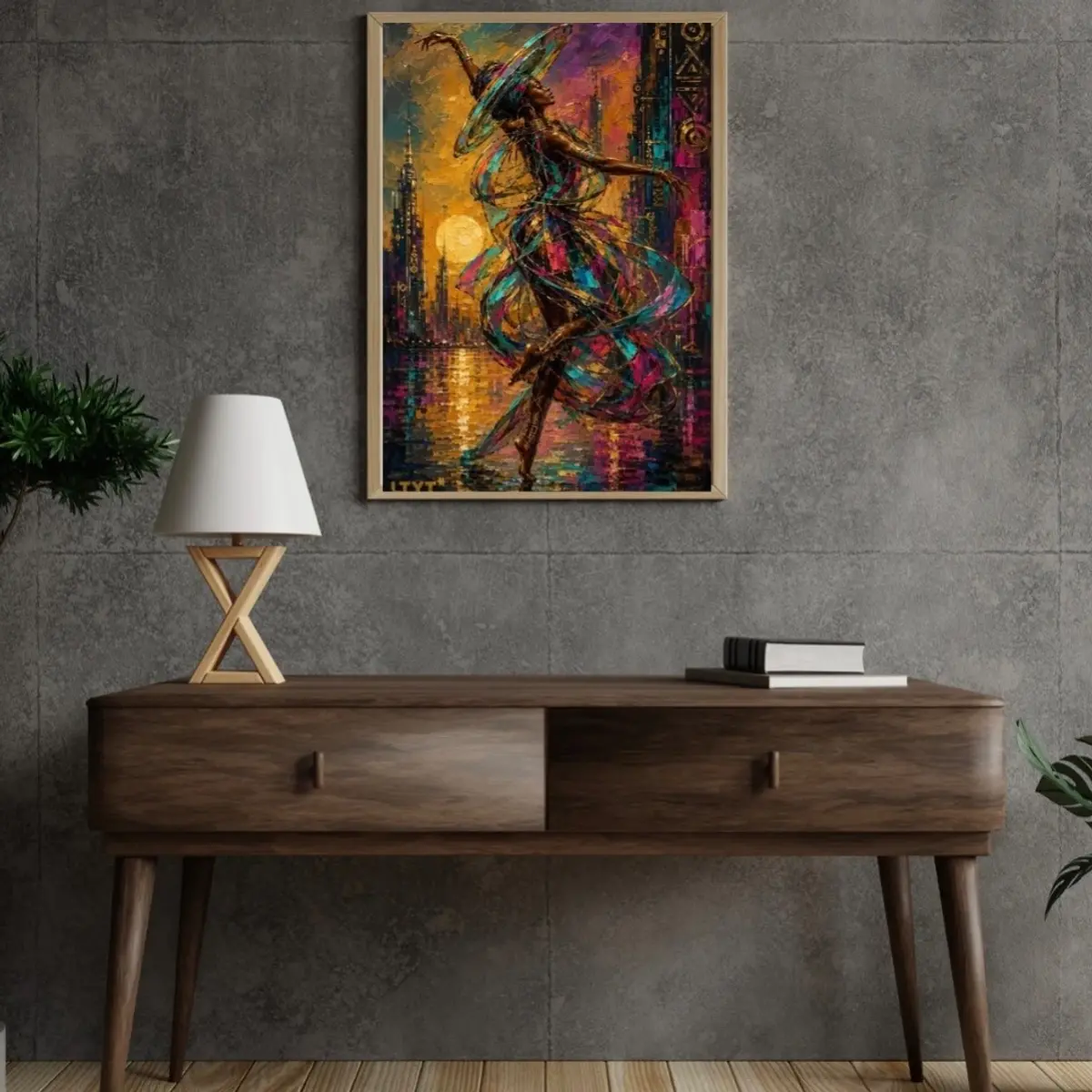 Vibrant dancer digital art print, Afrofuturist cityscape. Color: Multicolor