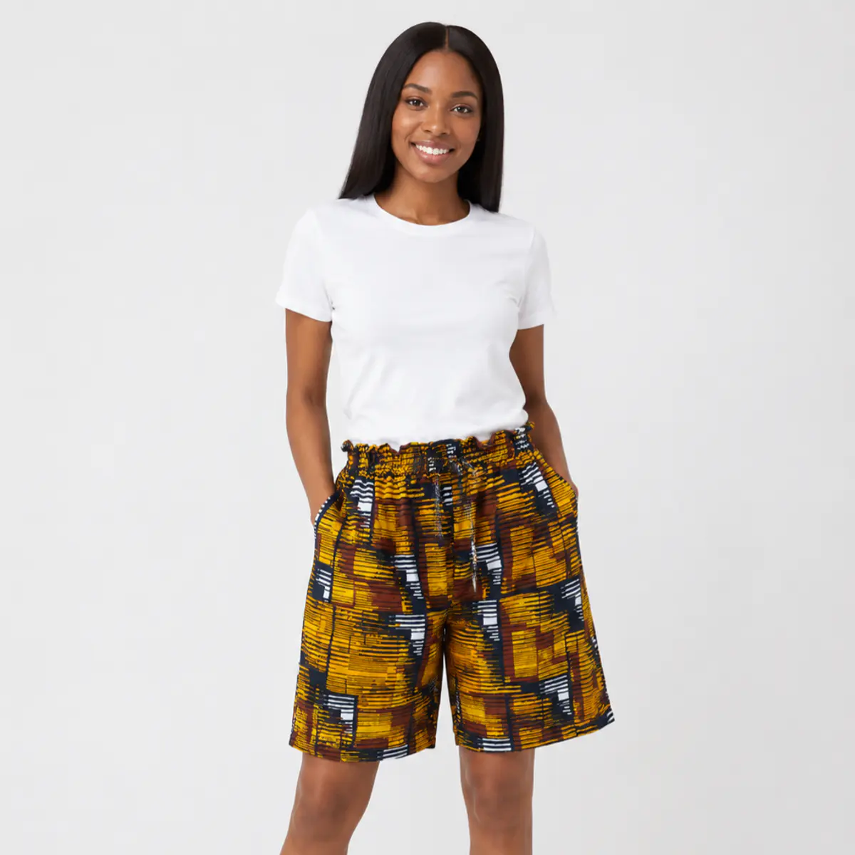 Artisan-made Ankara paperbag shorts, front Color: Mustard Gold, Navy, Burgundy