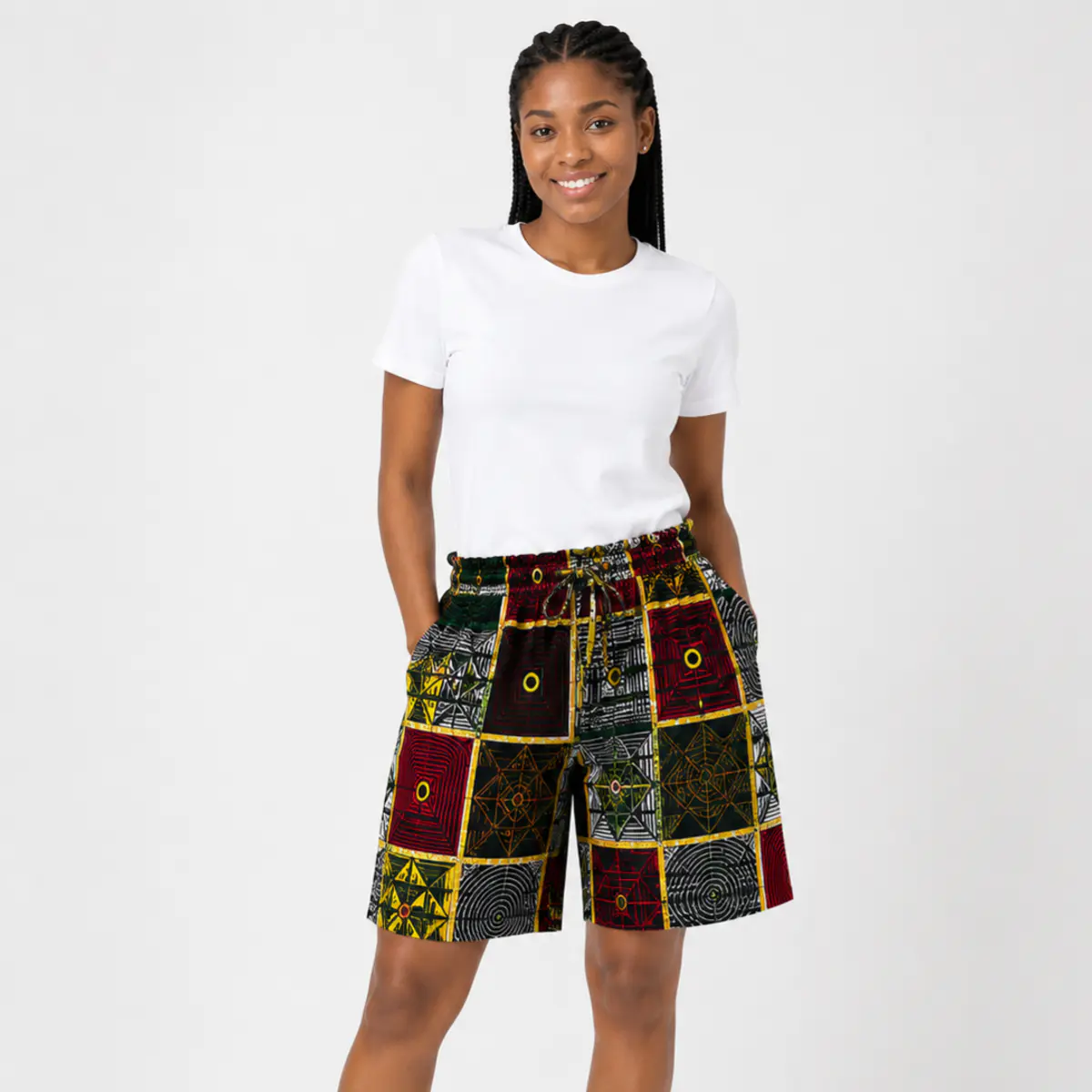 African wax print shorts Color: Red, Green, Yellow, Black, White