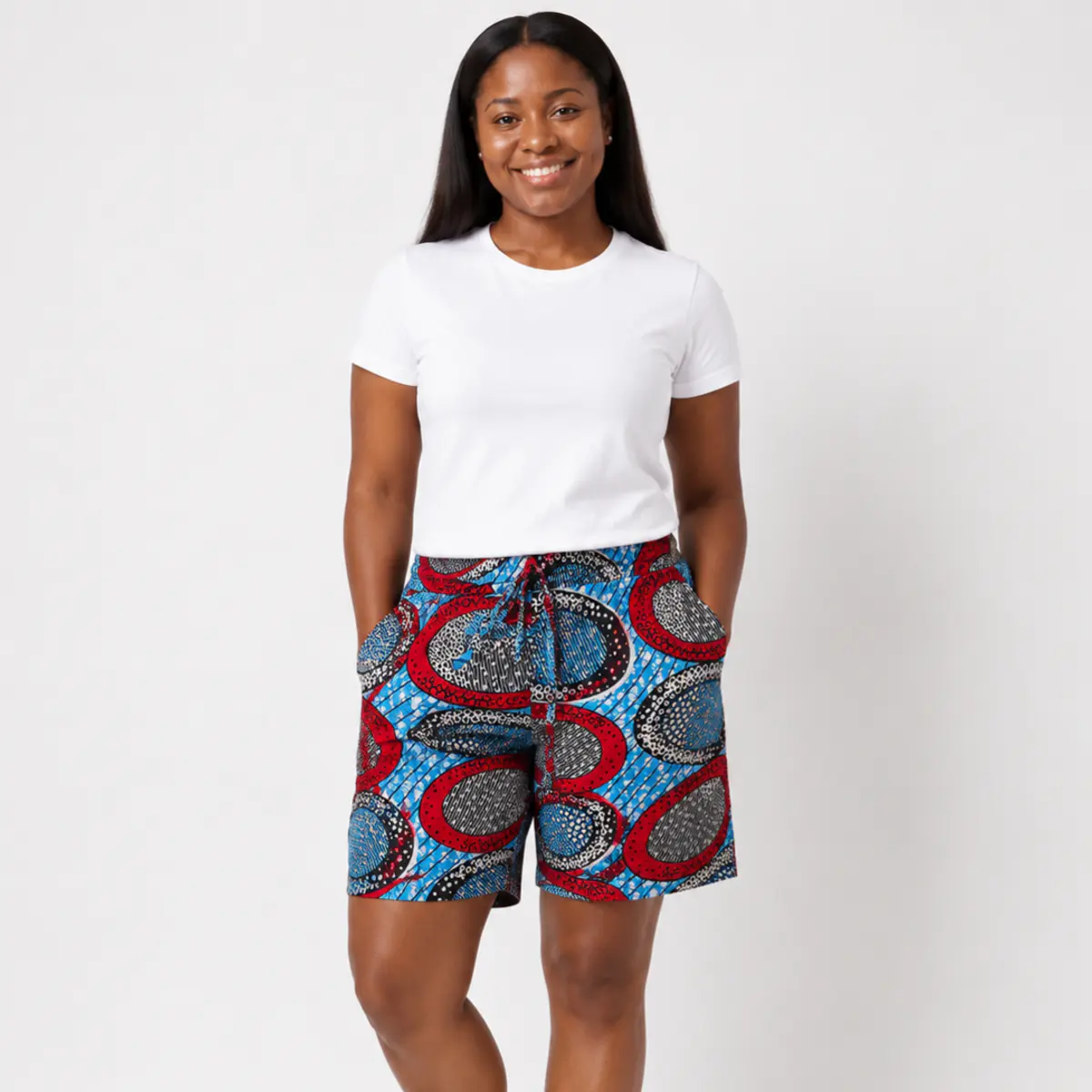 Handcrafted Ankara women's shorts front view, Color: Blue, Red, Black