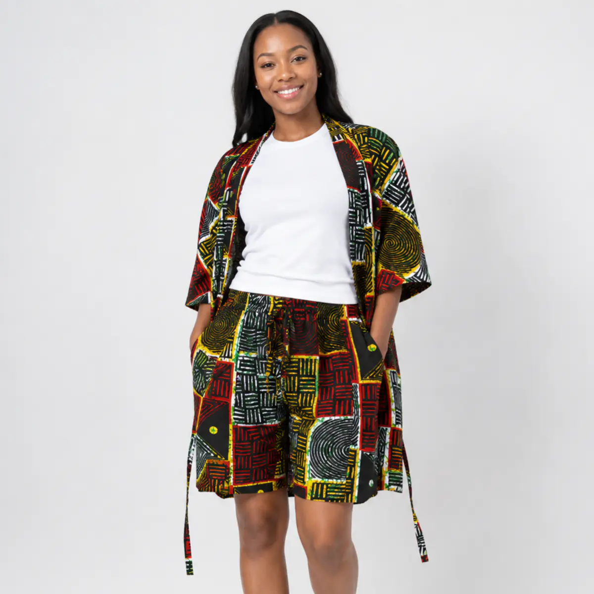 Handcrafted African print kimono shorts Color: Black, Red, Green, Yellow