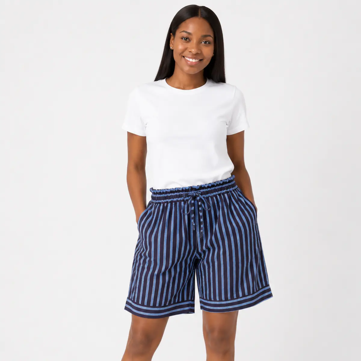 Hand-stitched striped drawstring shorts front Color: Navy Blue and Periwinkle