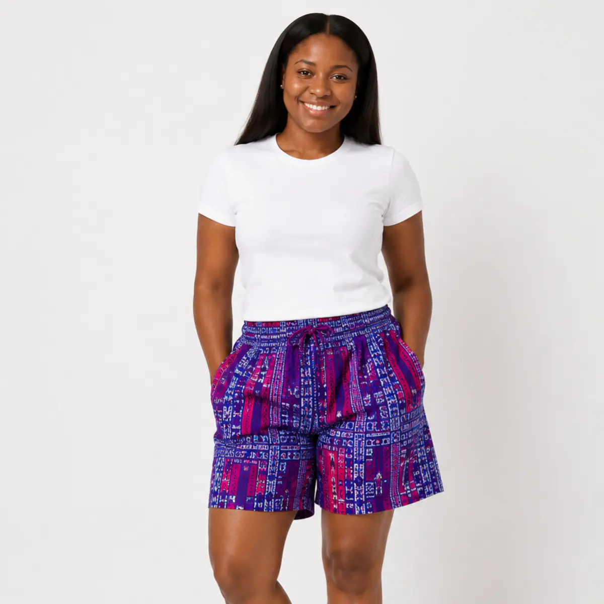 Handmade African print shorts front, functional pockets. Color: Purple, Pink